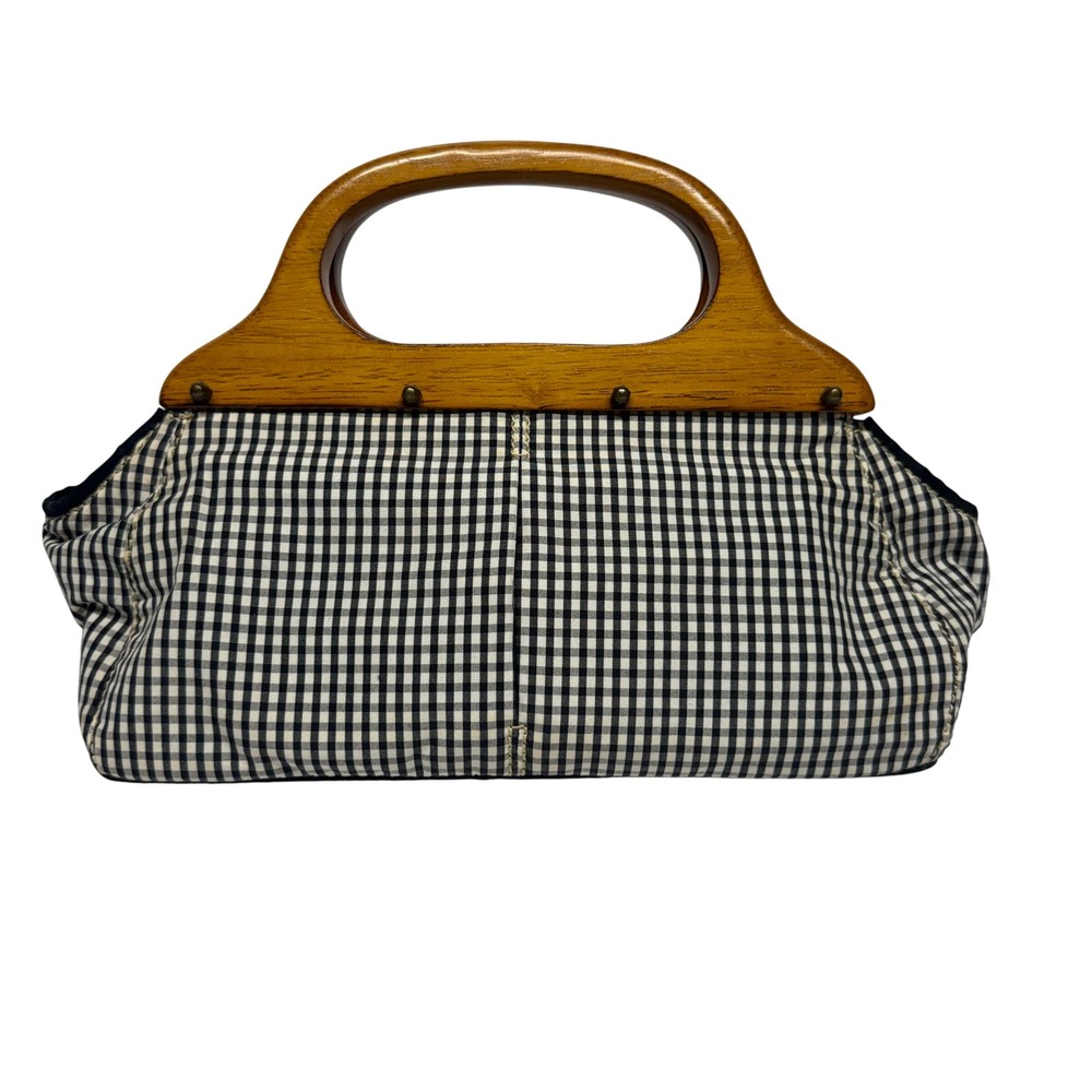 J.Crew Gingham Handbag with Wood Handles Black White Cotton Vintage Style Bag